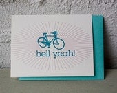 Letterpress Card - Hell Yeah - Bike Friendly - fun - bicycle - teal - rays - biking - cycling