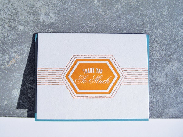 Letterpress Thank You Card - Letterpress Thanks - Thank You So Much -  orange - geometry - label - script - thanks