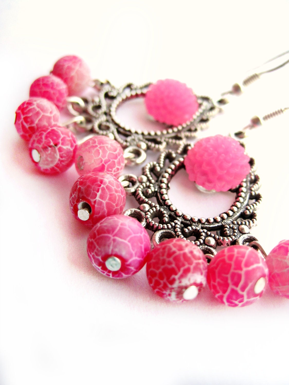 Pink earrings, hot pink - Pink crackle agate - gemstone earrings - cluster, beaded earrings, silver hoops - flower earrings, chrysanthemum