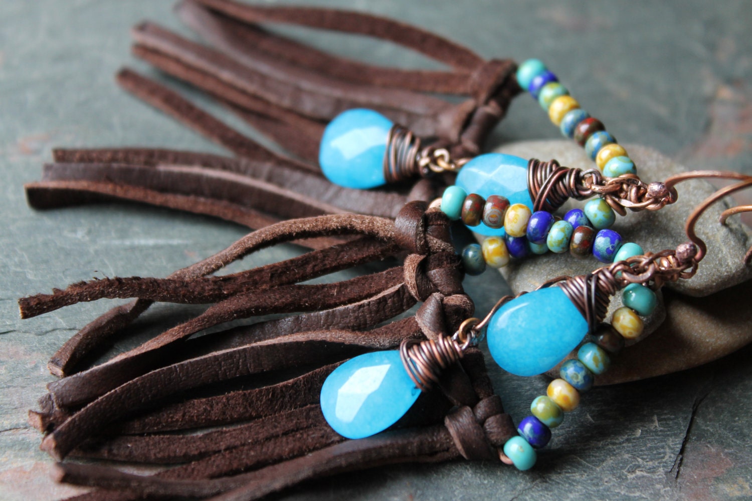 RAIN DANCE, Leather fringe earrings, picasso beads, blue jade drops, copper