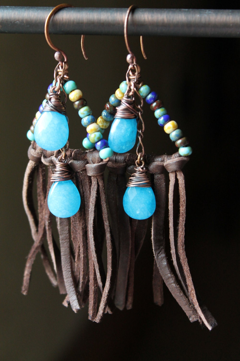 RAIN DANCE, Leather fringe earrings, picasso beads, blue jade drops, copper