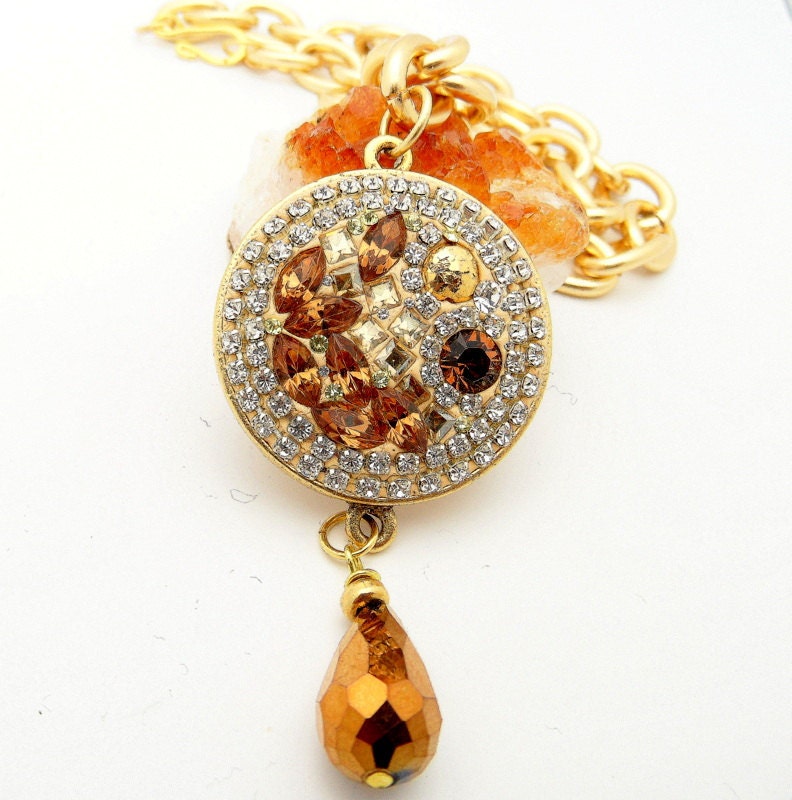 Gold Topaz Pendant with Swarovski  Crystals and Chunky Large Round Pendant