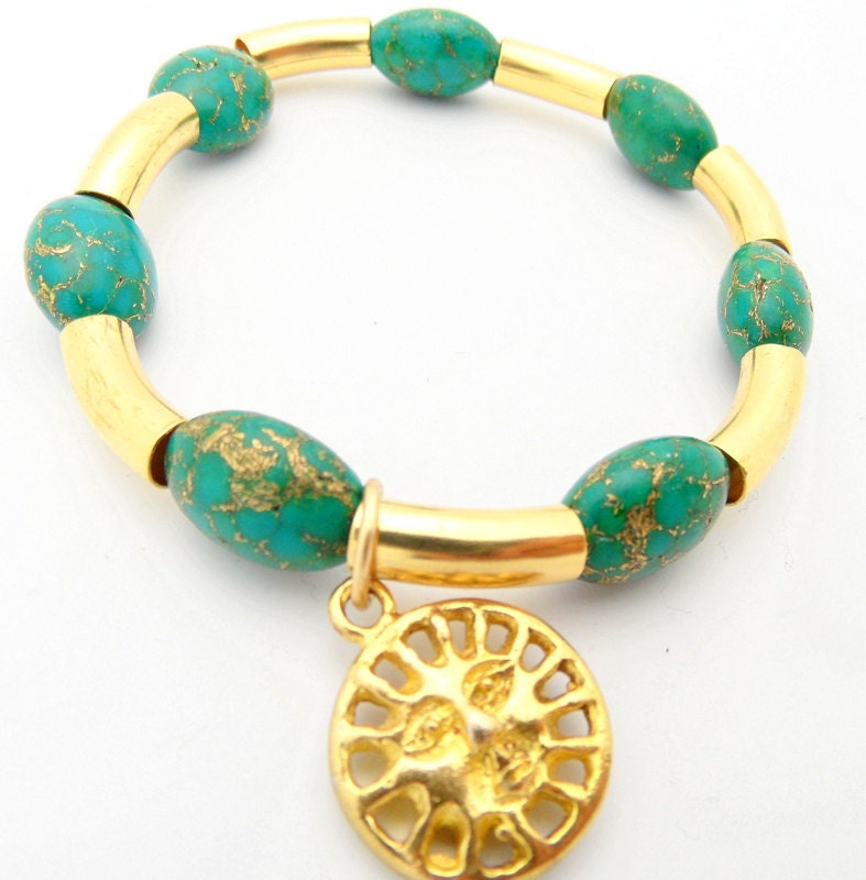 Blue Gold Sun Charm Bead Bracelet with Semi Precious Pyrite Stones