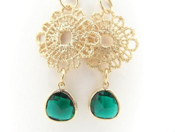 Emerald Green Dangle Earrings, Glass Teardrop, Lace Floral, Wedding Bridal, Women Jewelry