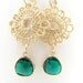 Emerald Green Dangle Earrings, Glass Teardrop, Lace Floral, Wedding Bridal, Women Jewelry