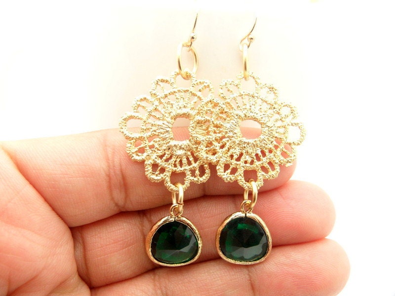 Emerald Green Dangle Earrings, Glass Teardrop, Lace Floral, Wedding Bridal, Women Jewelry