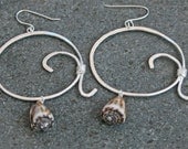 Handmade Twisted Swirl Sterling Silver Hoop Earrings with Unique Brown Cone Shell