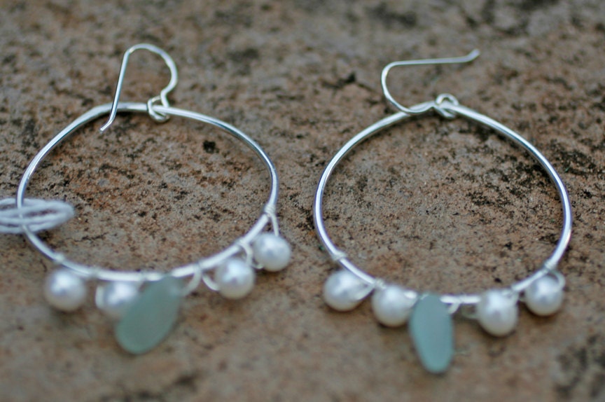 Aqua Sea Glass Sterling Silver Earrings adorned with pearls
