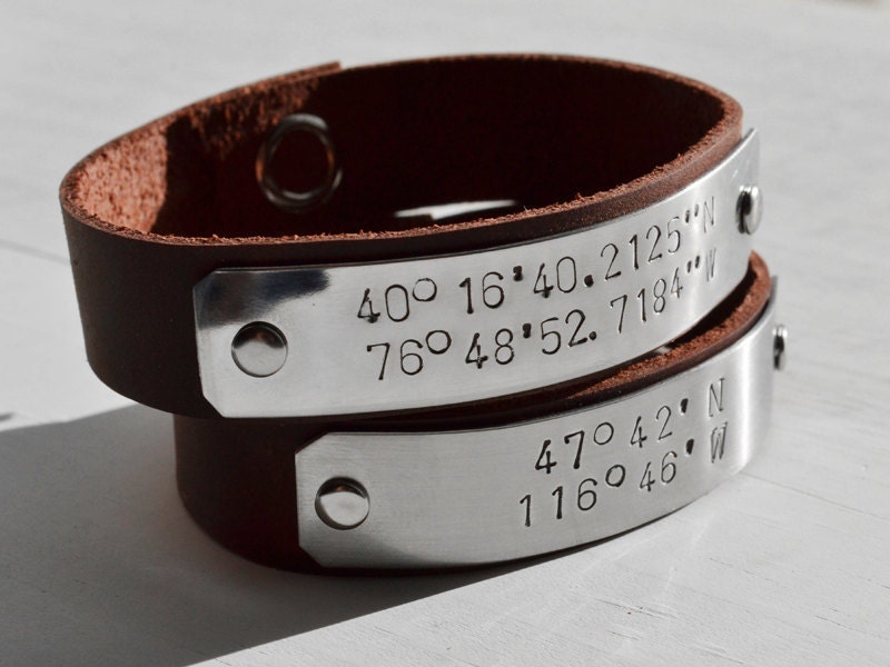 Two (2) Custom Latitude and Longitude Leather Bracelets. Friendship Bracelets, Anniversary Gift, BFF, Wedding Gift