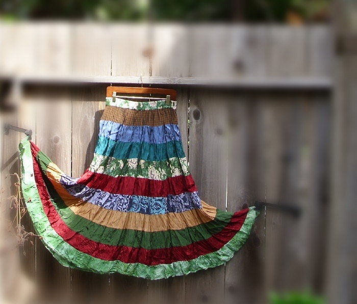 Vintage Bohemian Maxi Skirt/ Gypsy Patchwork Satin Multi Color Full Skirt