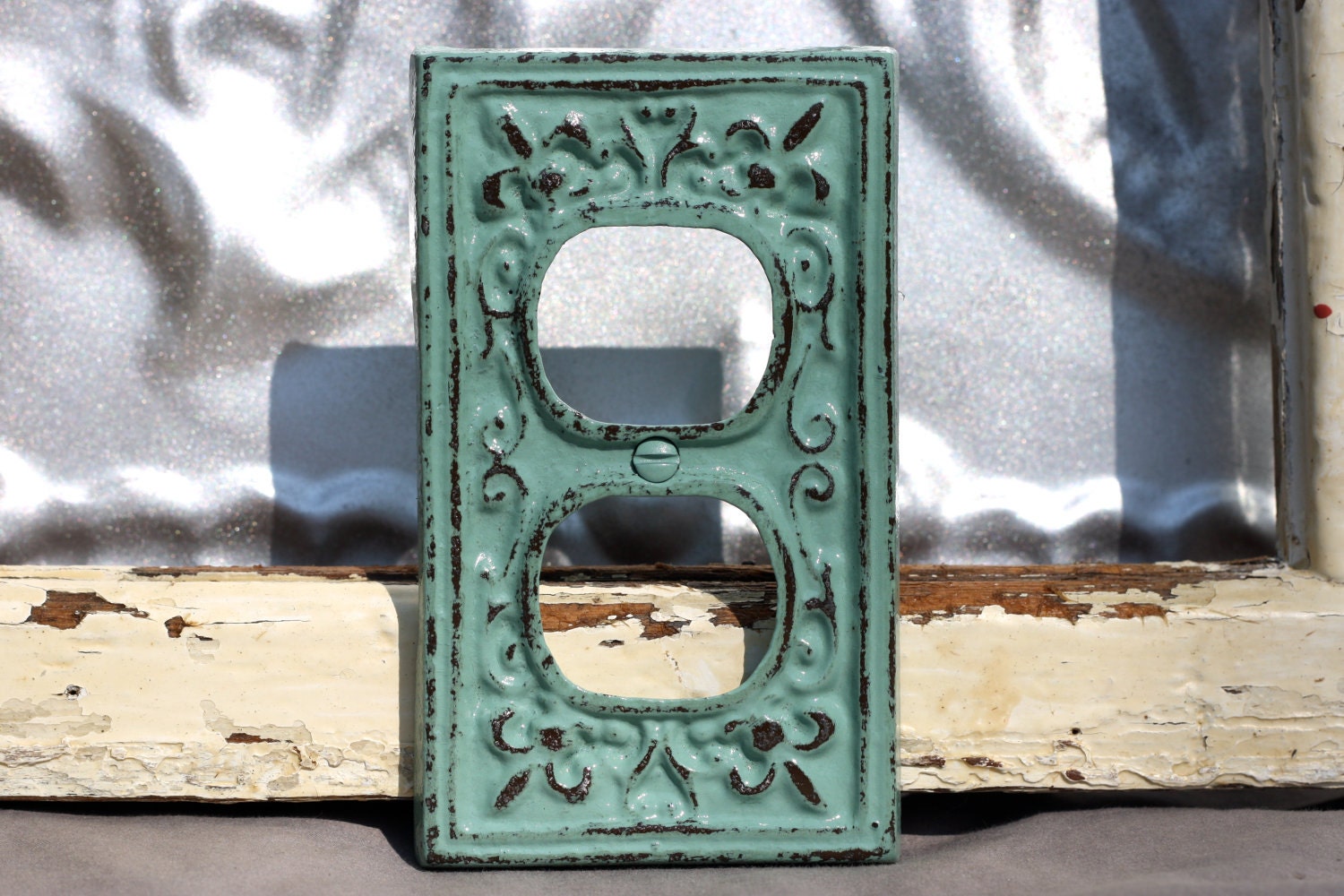 outlet cover/ cast iron fleur de lis/ jade shabby chic outlet / light switch cover/ switch plate cover/ lighting/ cottage style lighting