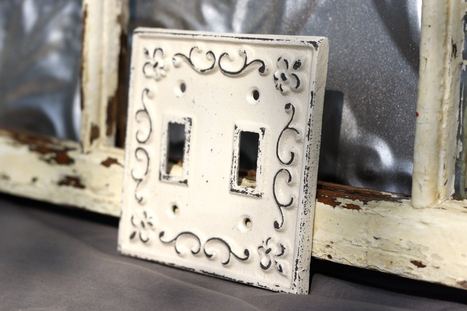 Switch Plate/Double Switch Plate/ Creamy Light Switch Plate Cover/ Shabby Chic Switch Cover/ Cast Iron Switch Cover