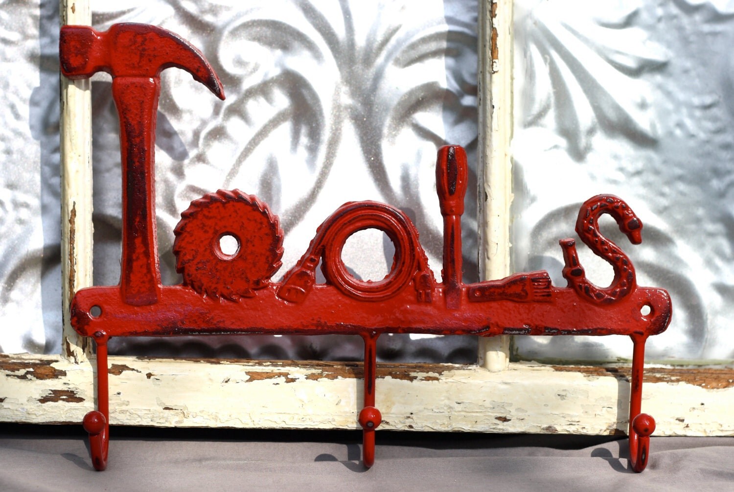 Tools hook rack rail/ Red Shabby Chic Distressed/ Cast iron TOOLS hook rack/ boy's room wall sign/ country wall key hook