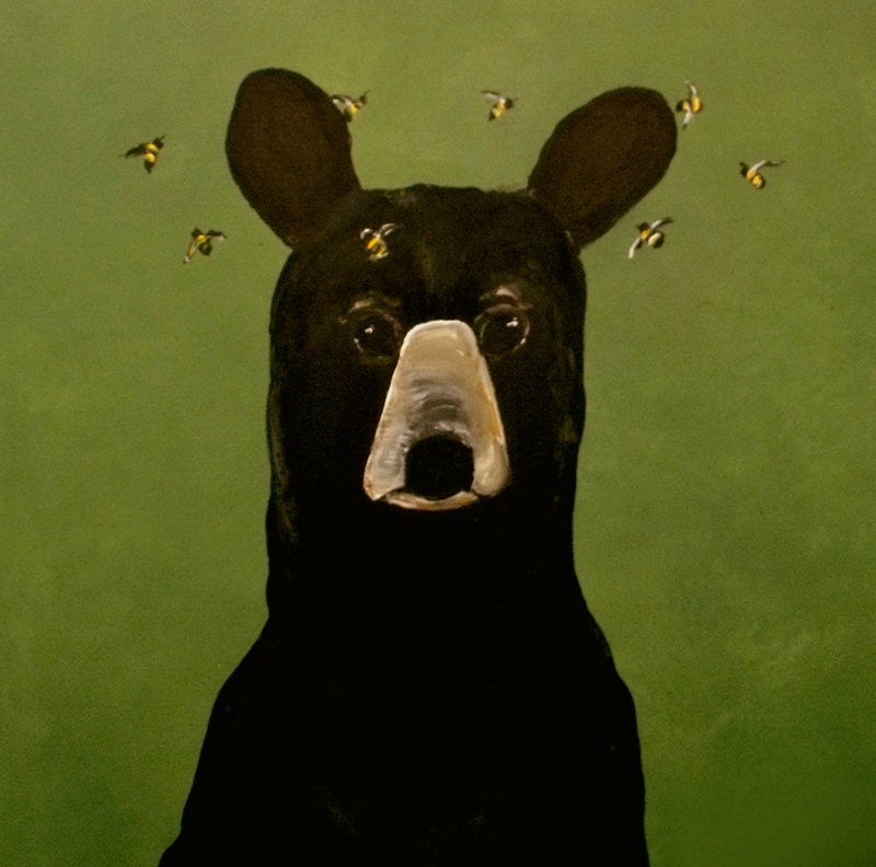 Contemporary Bear and Bees Art Print....8 x 10....Funny Humorous, Animal Painting Wall Art