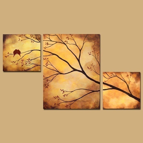 Abstract Triptych Painting, Birds in Tree Branch Painting, 42 x 24, Large Art