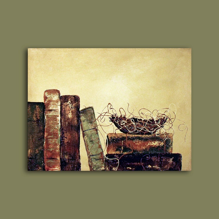 Bird Nest in library books Abstract Vintage Vibe Custom Painting
