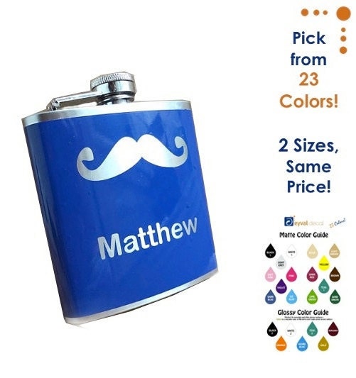 Flask- Mustache w/ Name or Date- CUSTOM, Personalized- alcohol, liquor, booze, wedding party, bridal party, festival, concert -6, 8 ounce oz