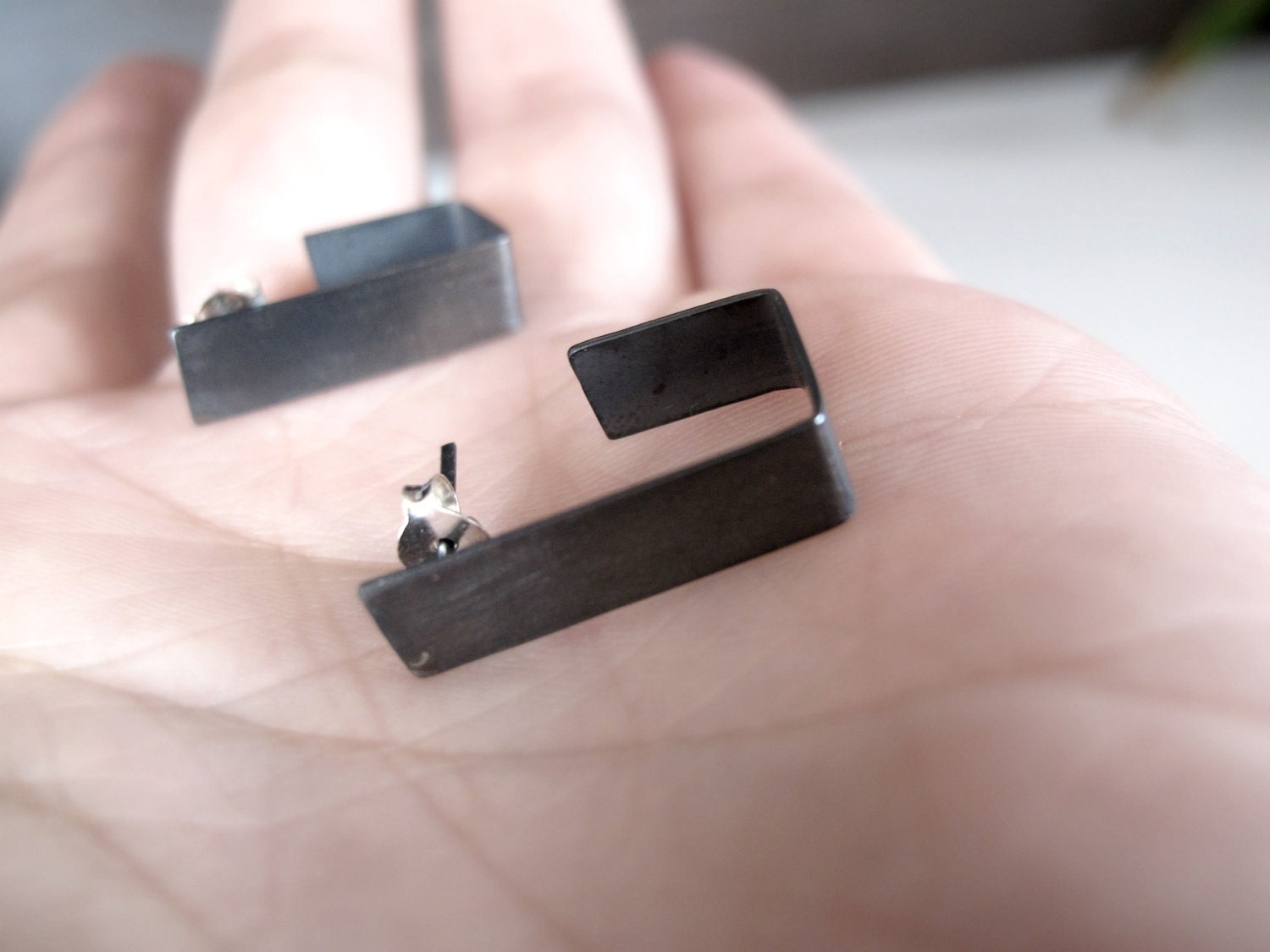 Contemporary simple silver oxidized post earrings, modern,