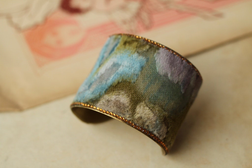 Handmade Antique French Silk Bracelet Cuff in Blue Velvet, embellished with Swarovski crystals