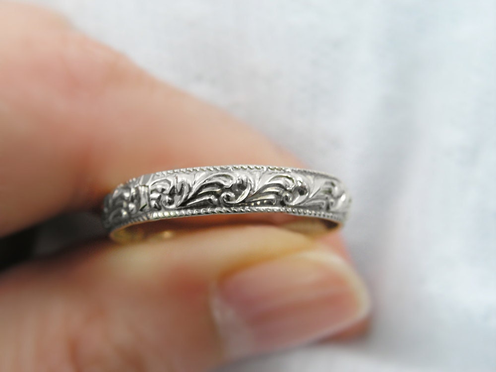 MOROCCAN WHITE GOLD floral design ring or wedding band (gr-9154). romantic gift, anniversary gift