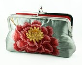 Embroidered Silk Clutch Bag Purse in Gray and Red Floral Butterfly