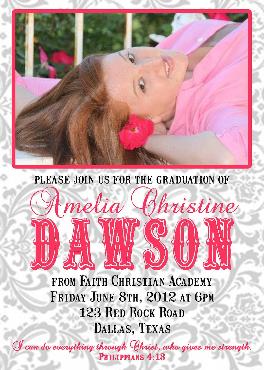 Simple and Chic Damask Graduation or Open House Invitation (5x7, printable and customizable)