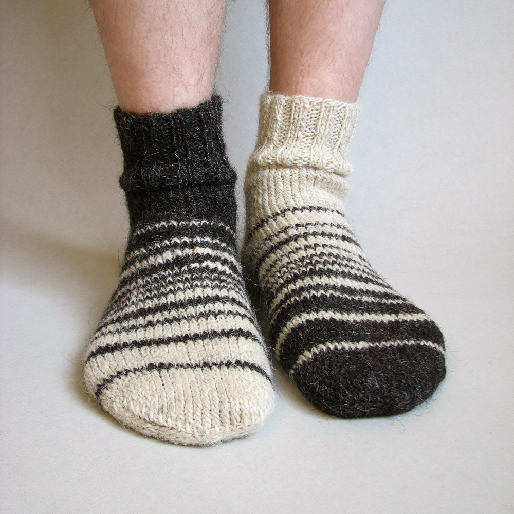 Asymmetrical Striped Hand Knitted Socks - Made of Hand Spun Undyed Wool Yarn -100% Natural, Organic