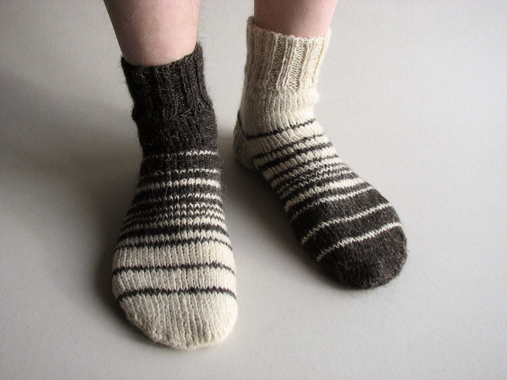 Asymmetrical Striped Hand Knitted Socks - 100% Natural Organic Wool