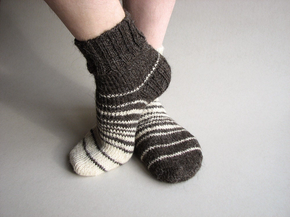 Asymmetrical Striped Hand Knitted Socks - 100% Natural Organic Wool