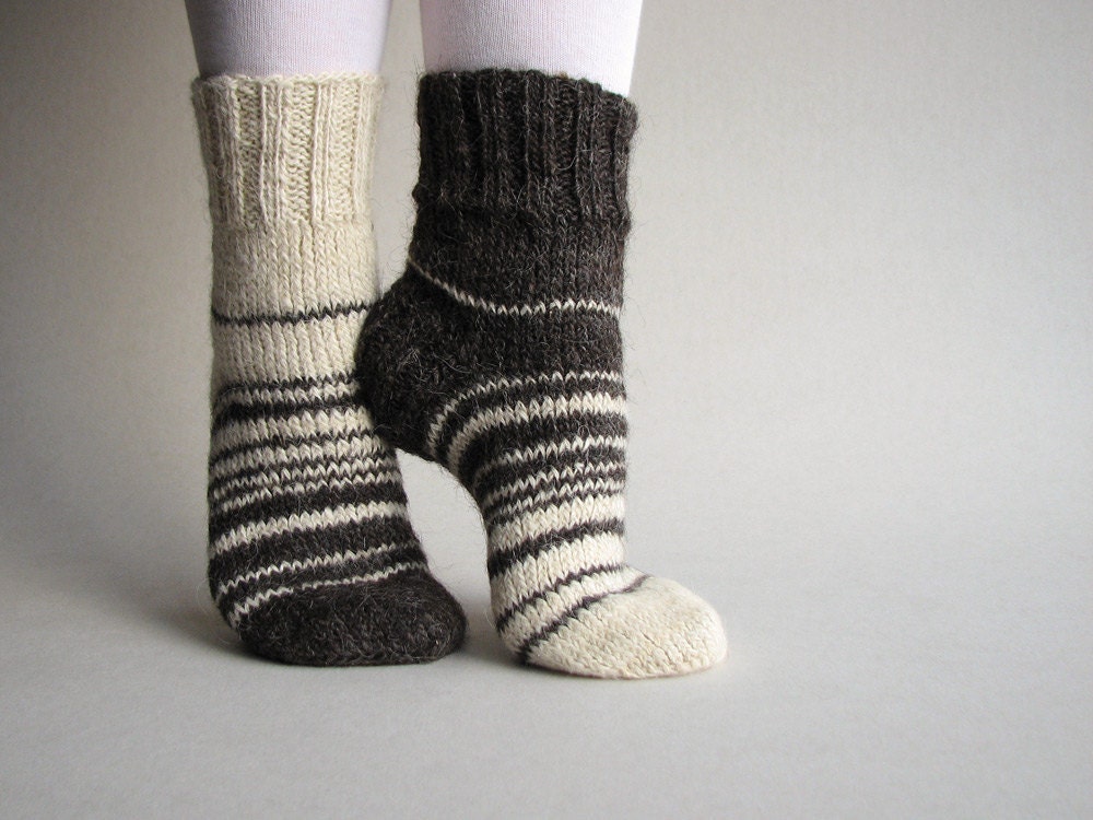 Asymmetrical Hand Knitted Socks - Striped, Woolen, Natural
