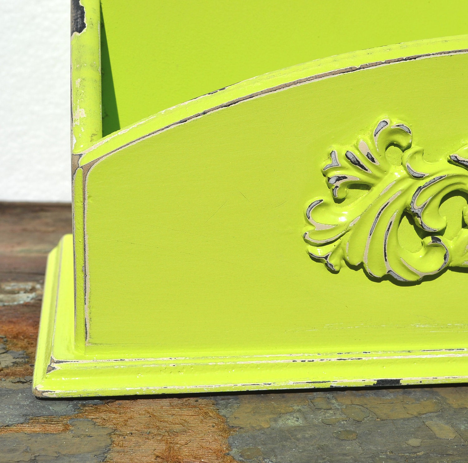 Mail Holder Wood Distressed Lime Green Finish Vintage