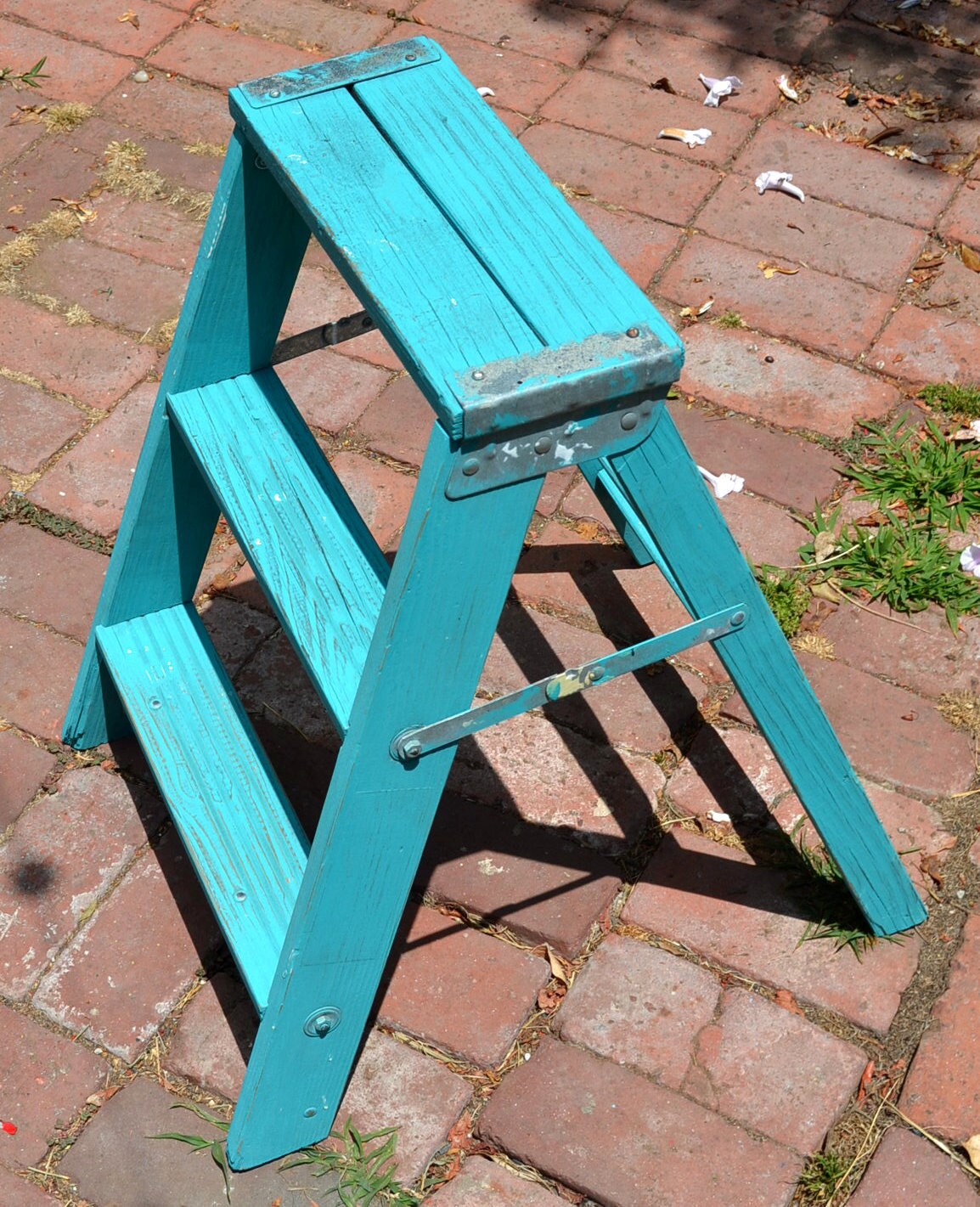 Vintage Folding Step Ladder Wood Turquoise Blue Distressed Finish