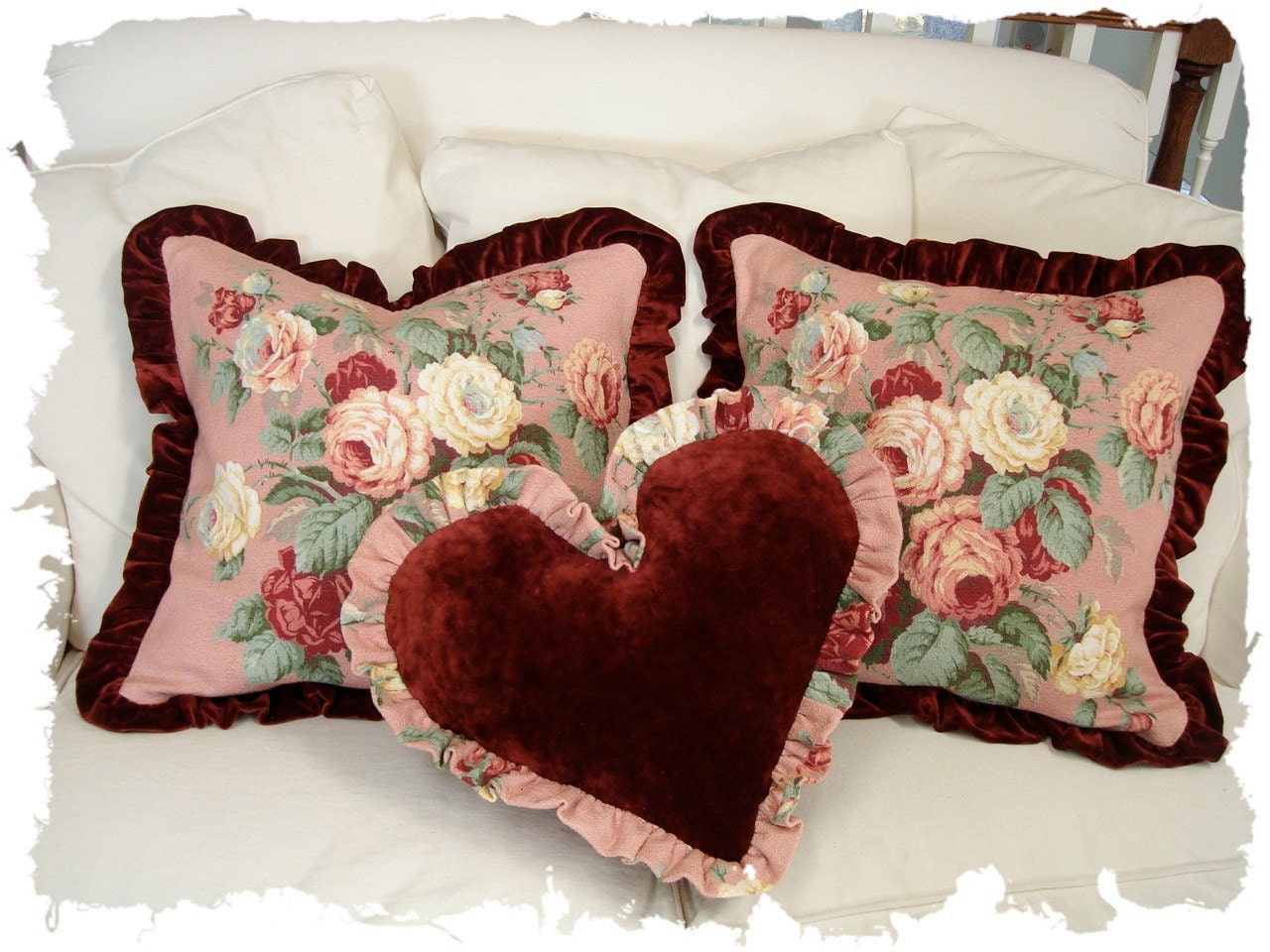 Romantic Glamour Vintage Velvet and Floral Barkcloth Fabric Heart Throw Pillow
