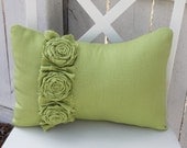 Apple Green Pillow with Frayed Ruffle and 3 Flower Roses