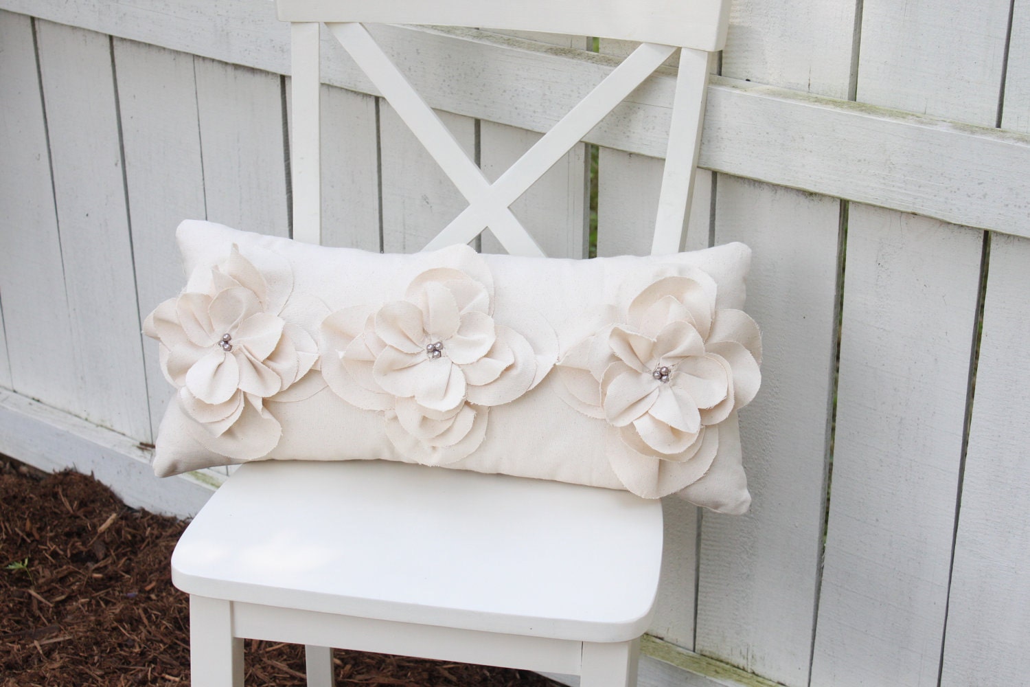 Cream Shabby Chic Fraying  Flower Pillow with Gray Pearl Accents