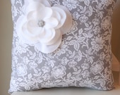 Gray Floral pillow with Fraying Flower and Rhinestone Button Center
