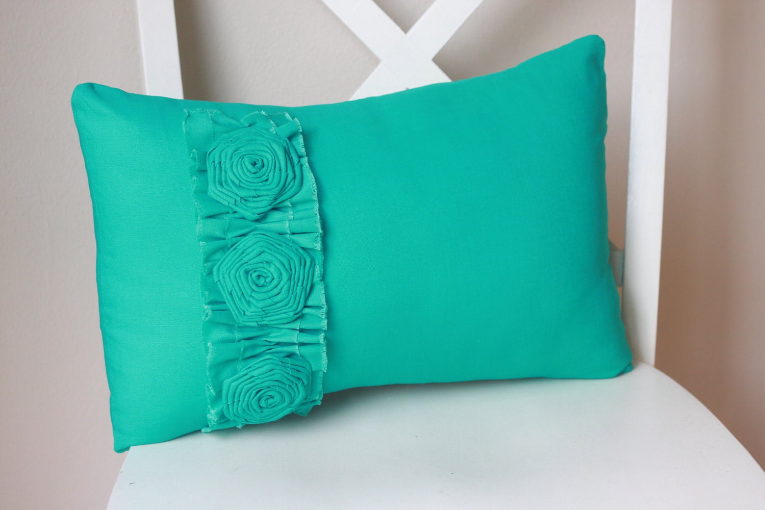 Teal Pillow with Frayed Ruffle and Three Roses