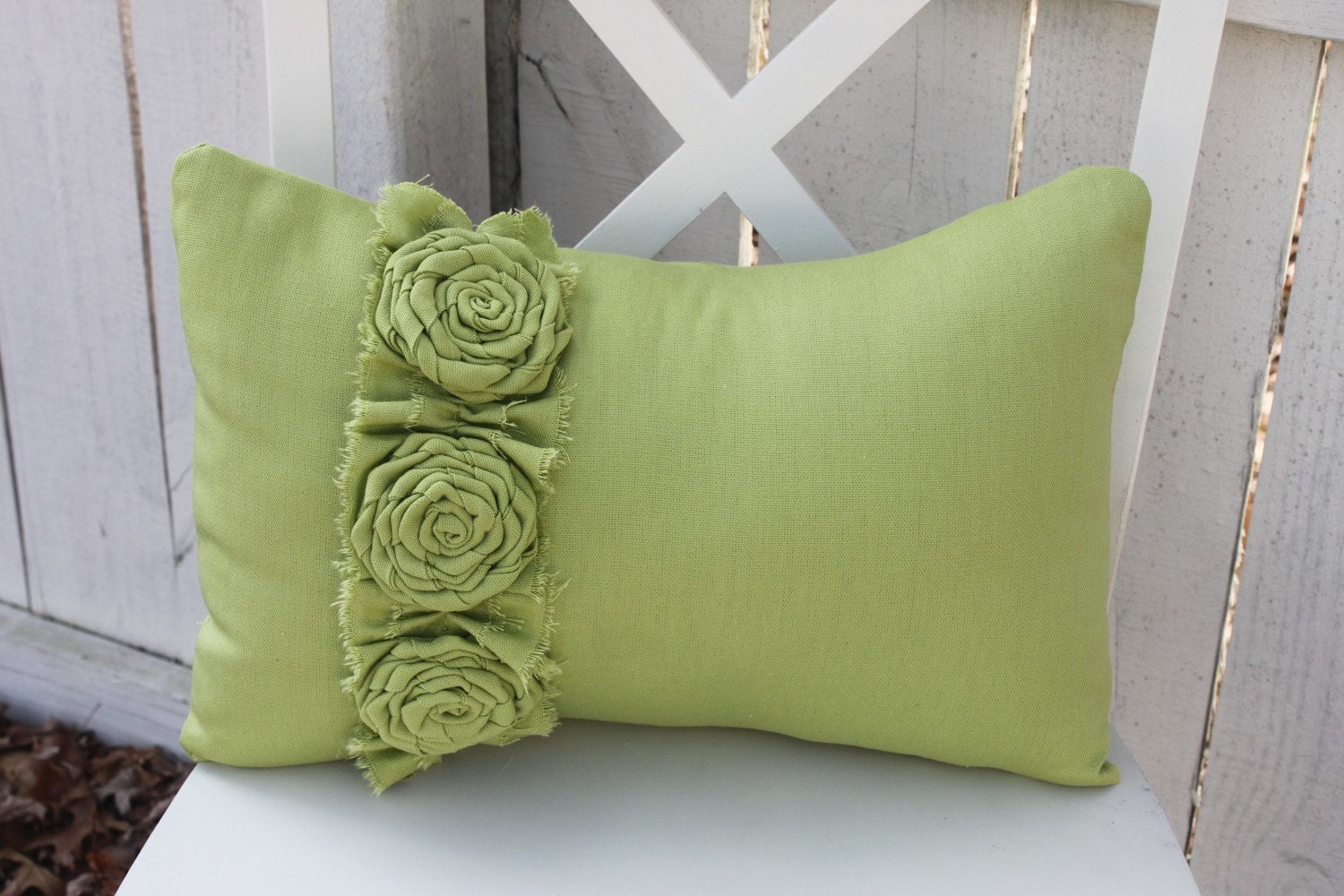 Apple Green Pillow with Frayed Ruffle and 3 Flower Roses