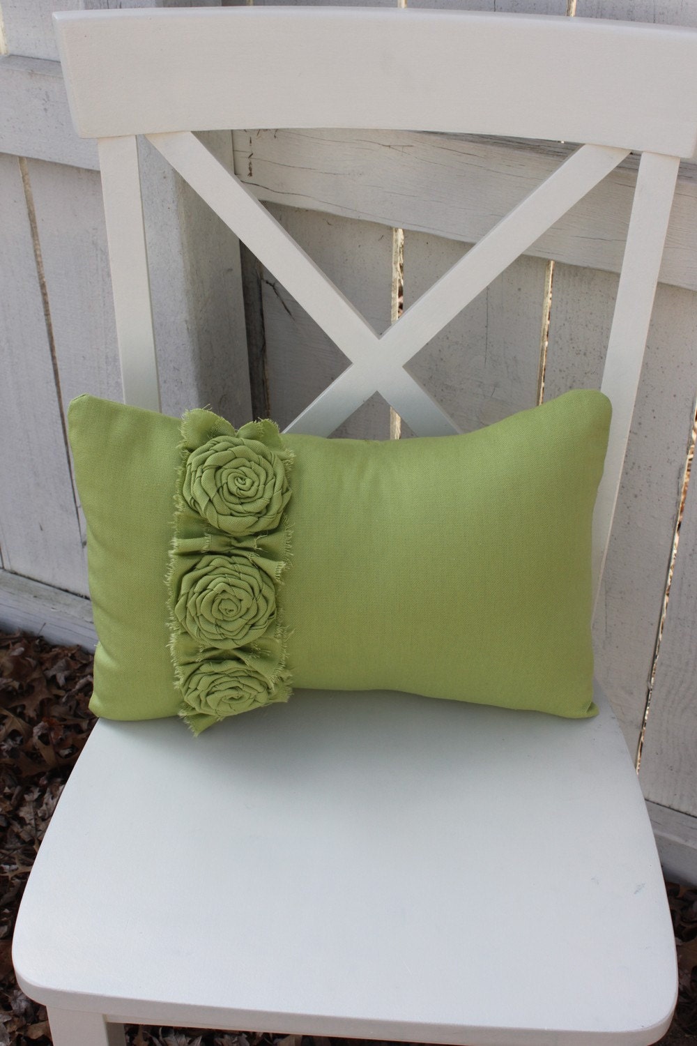 Apple Green Pillow with Frayed Ruffle and 3 Flower Roses