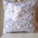 Gray Floral pillow with Fraying Flower and Rhinestone Button Center