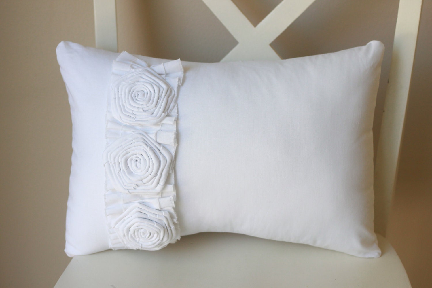 White Pillow with Frayed Ruffle and Three Roses
