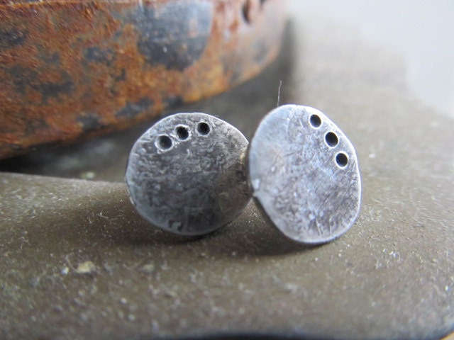 Rustic Reclaimed Sterling silver studs - hand hammered little metalwork post earrings