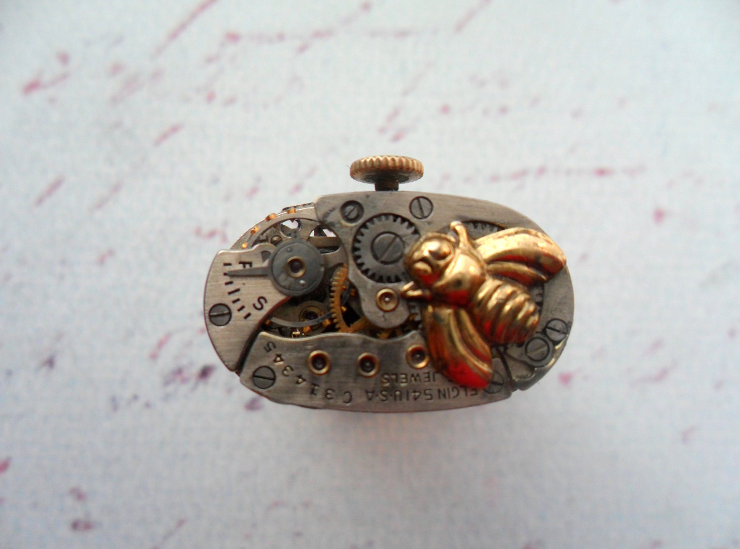 Steampunk Victorian Golden Bee on Antique Elgin Watch Movement