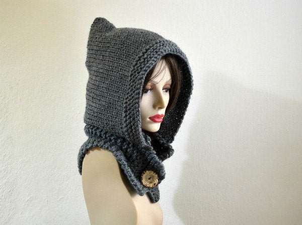 Hand Knit Hat - Pixie Hat in Grey -Winter Fashion - Wool Women Hood Cowl - Winter Accessories Chunky Knit