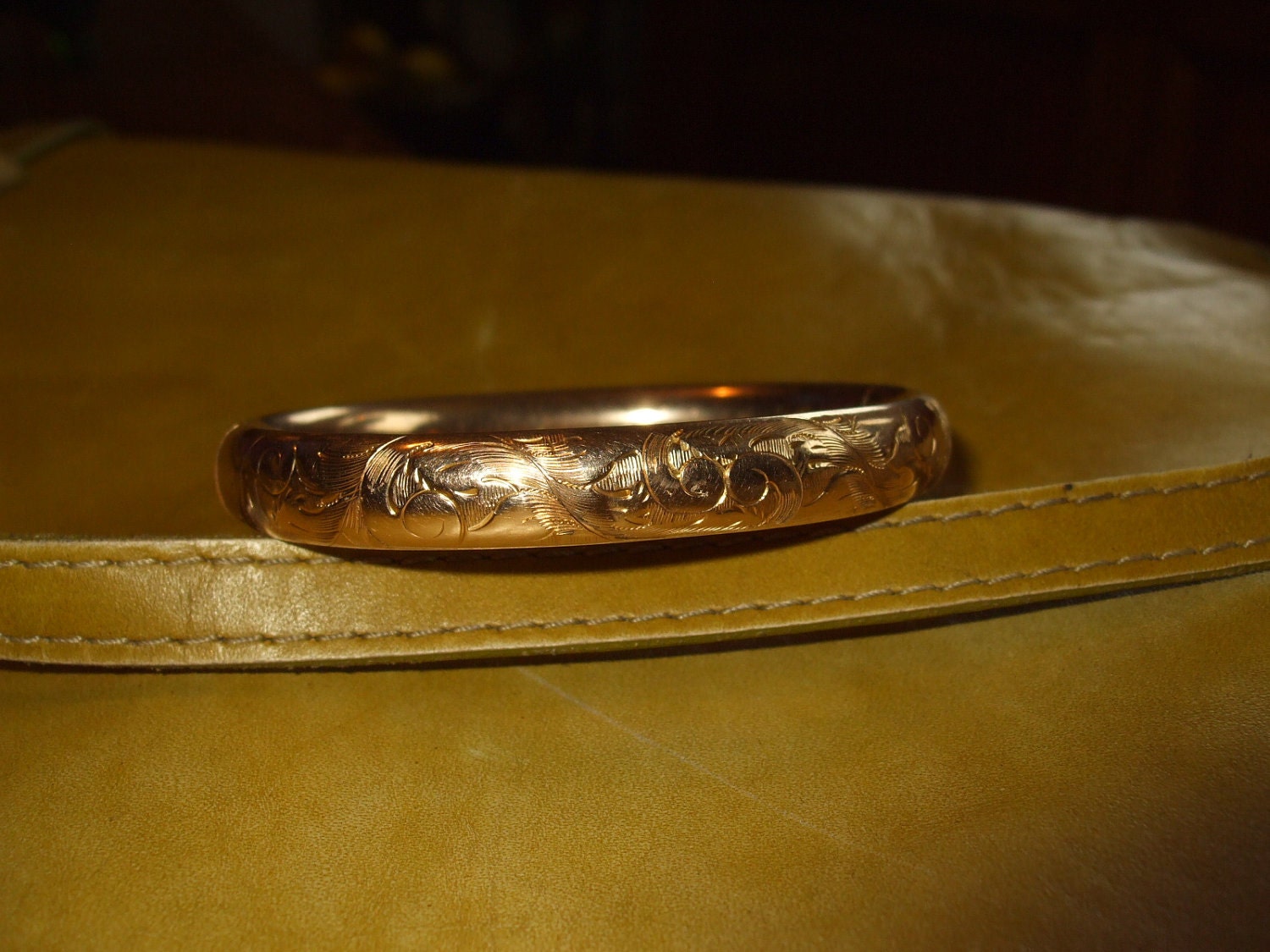 Victorian 12K Etched Hollow Gold Bangle Medium LOVELY