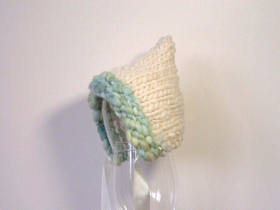 Newborn Photo Prop Pixie Bonnet Baby Boy Hat Handspun Yarn cream aqua blue green