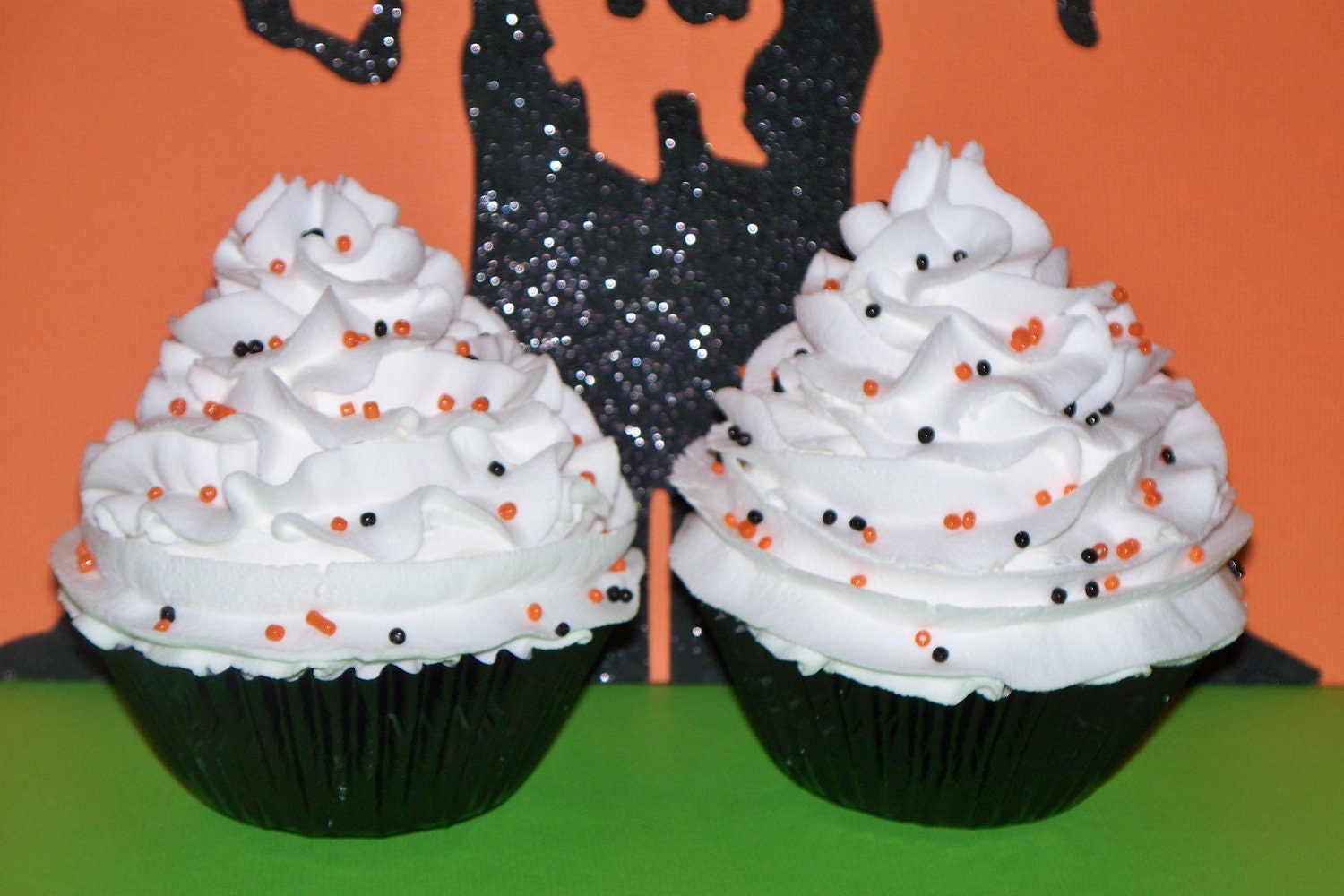 2 Classic White Halloween Fake Cupcakes Black and Orange Sprinkles for Birthday Party Parties or Home Decor Display Photo Toppers Prop