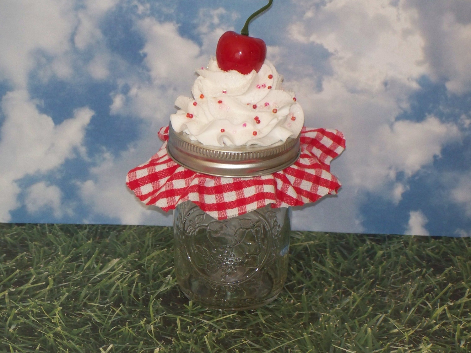 FROSTED MASON JAR, "Picnic Collection" Cherry on Top, Red Check Fabric, Kitchen, Home, Decor, Storage, Display