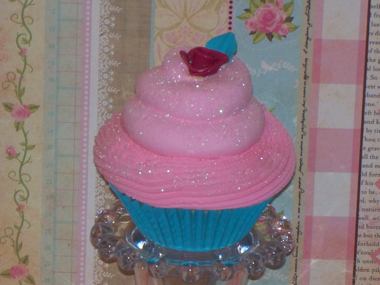 Fake Cupcake Photo Prop, Marie Antoinette Let Them Eat Cake, Pink, Aqua, Handmade Rose, Home, Kitchen Decor, Fake Food Display