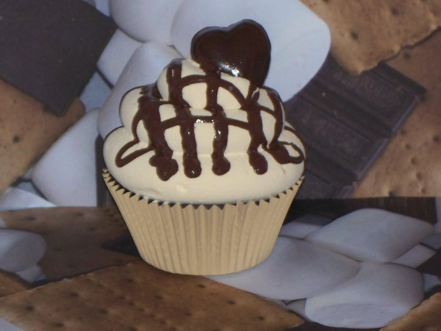 Fake Candy Bar Nougat Cupcake, Chocolate Drizzle and Heart, great for Cupcake Stands, Cake Plates, Photo Props, Shop Display